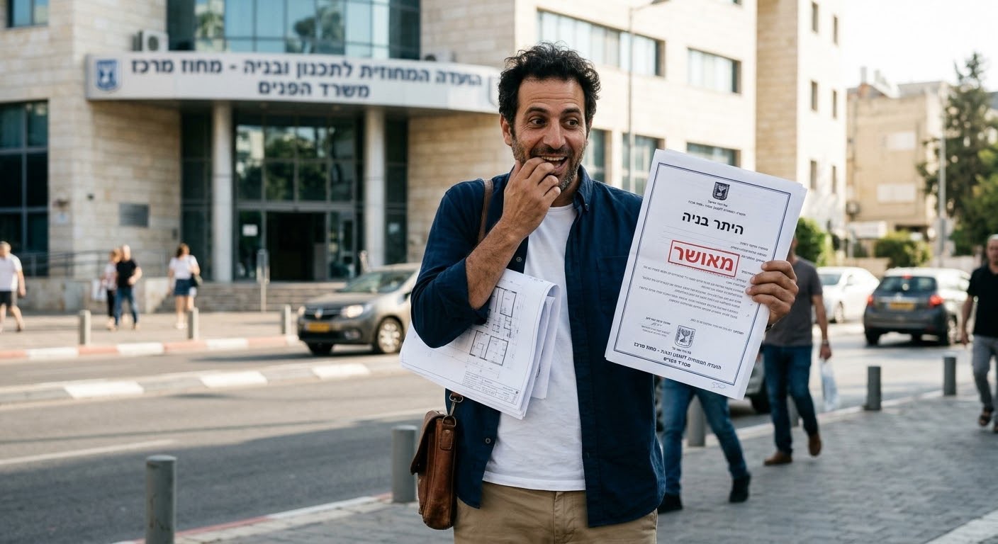 אדריכל עומד מול בניין הוועדה המחוזית לתכנון ובנייה, מחייך בהקלה כשהוא מחזיק תוכניות והיתר בנייה עם חותמת "מאושר"