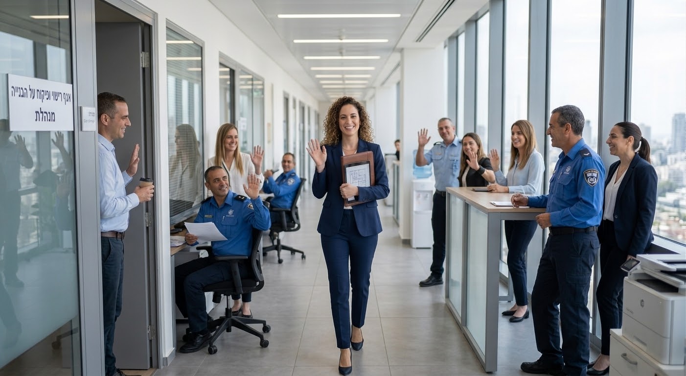אישה מקצועית צועדת במסדרון משרדי מזכוכית עם תיק עבודה ותוכניות, ולצדדים עמיתים ואנשי ביטחון ופיקוח במדים מוחאים כף